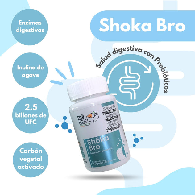 Shoka Salud Digestiva con Prebióticos, Inulina de Agave, Probióticos, Enzimas Digestivas, Carbón Activado 1.5 billones UFC