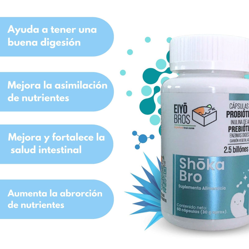 Shoka Salud Digestiva con Prebióticos, Inulina de Agave, Probióticos, Enzimas Digestivas, Carbón Activado 1.5 billones UFC