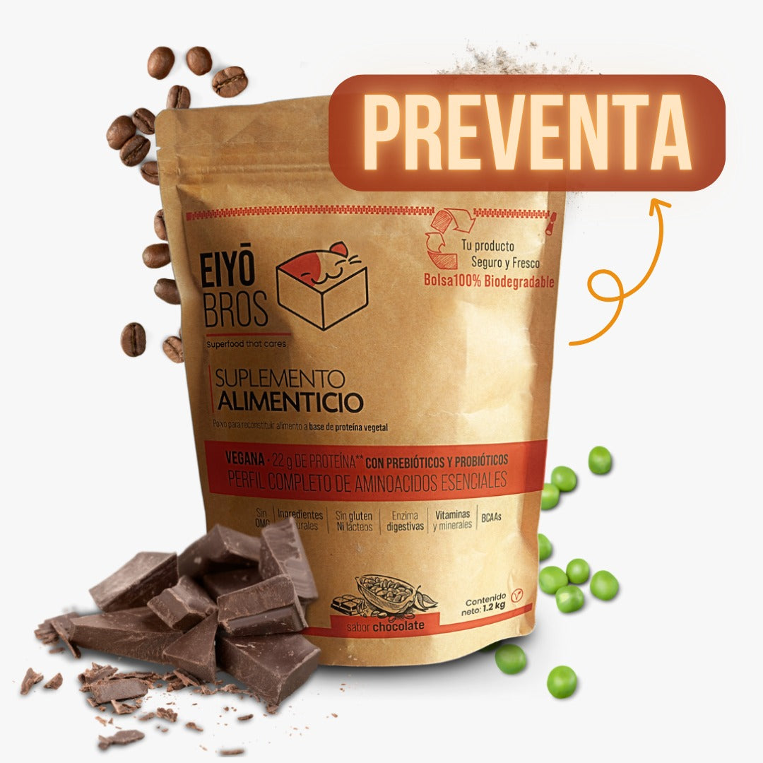 Proteína vegetal sabor chocolate 600 g Empaque 100% biodegradable 22 gr por porción con vitaminas, minerales, probióticos, prebióticos, enzimas digestivas