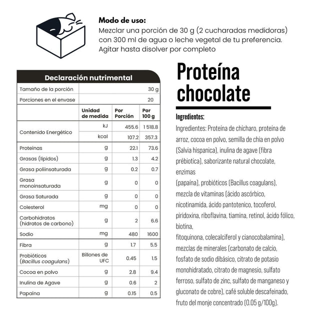 Proteína vegetal sabor chocolate 600 g Empaque 100% biodegradable 22 gr por porción con vitaminas, minerales, probióticos, prebióticos, enzimas digestivas