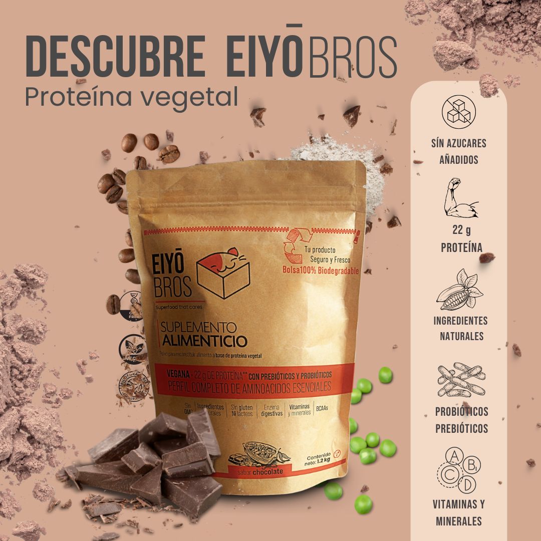 Proteína vegetal sabor chocolate 600 g Empaque 100% biodegradable 22 gr por porción con vitaminas, minerales, probióticos, prebióticos, enzimas digestivas