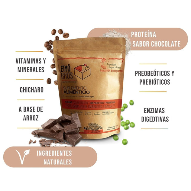 Proteína vegetal sabor chocolate 600 g Empaque 100% biodegradable 22 gr por porción con vitaminas, minerales, probióticos, prebióticos, enzimas digestivas