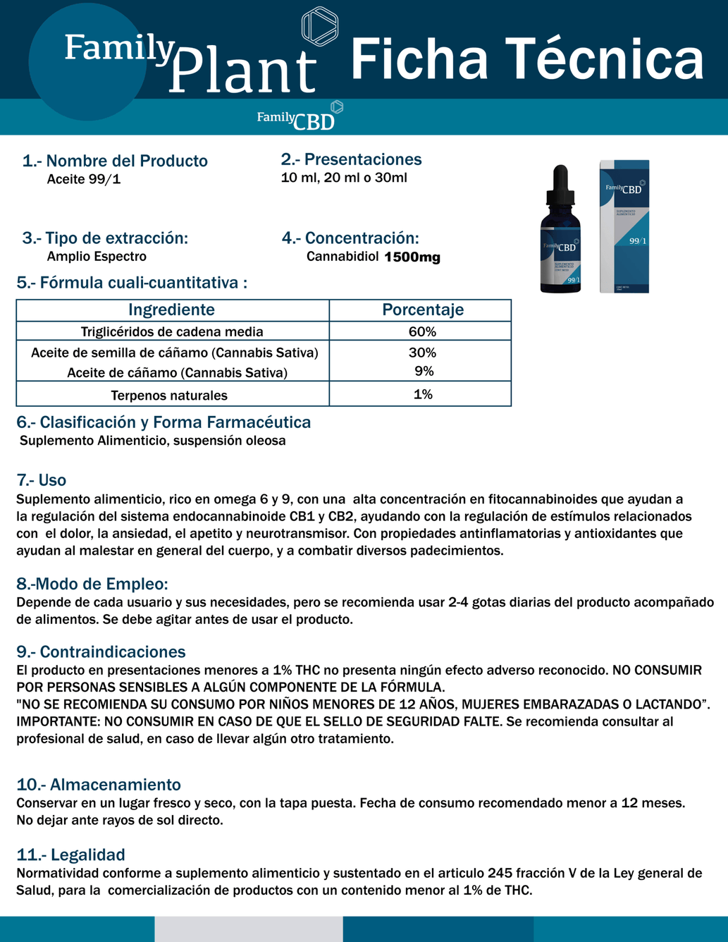 99/1 (Premium live) Aceite CBD 1500 mg 30 ml amplio espectro - Family Cbd Mexico