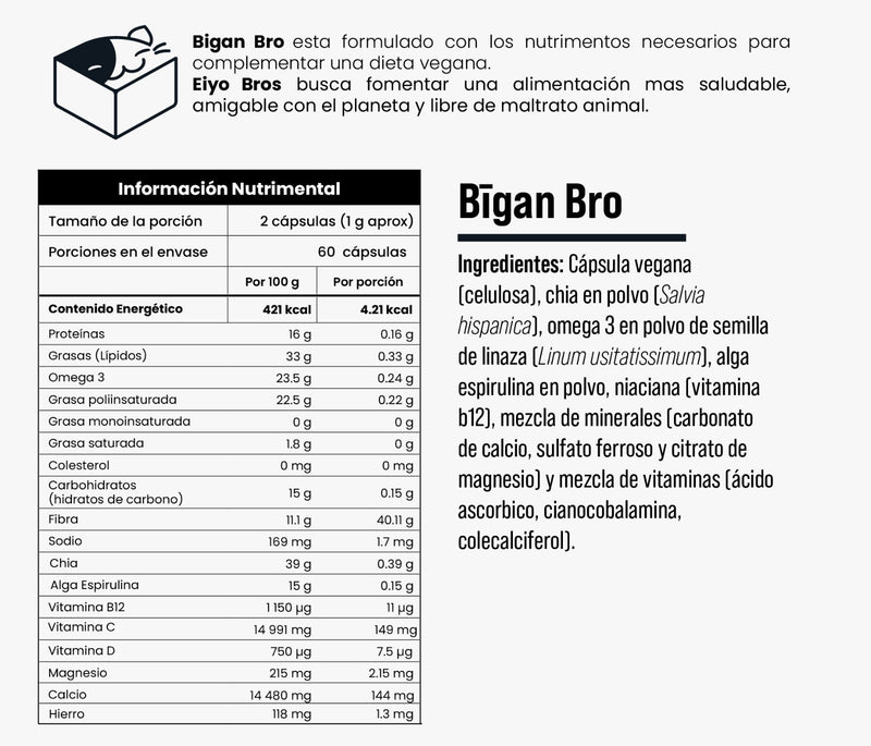 Bigan Suplemento de Vitamina B12, Alga Espirulina, Omega 3, Chia, Vitaminas y Minerales Salud Cardiovascular y Dietas Veganas - Family Cbd Mexico
