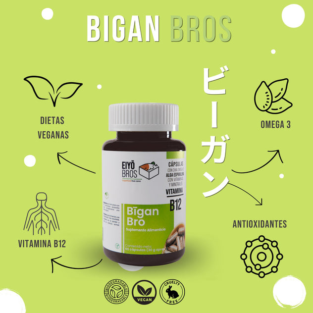 Bigan Suplemento de Vitamina B12, Alga Espirulina, Omega 3, Chia, Vitaminas y Minerales Salud Cardiovascular y Dietas Veganas - Family Cbd Mexico