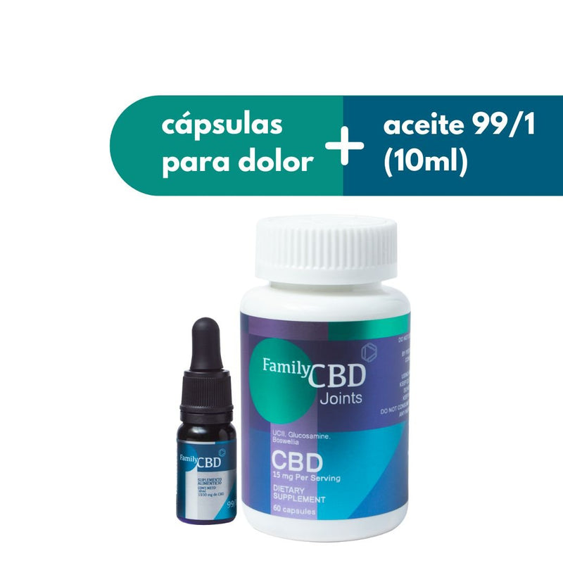 Paquete Star: 1 CBD99/1 (10 ml) mas 1 capsulas para dolor de glucosamina, colageno, bosweeelia y cbd - Family Cbd Mexico